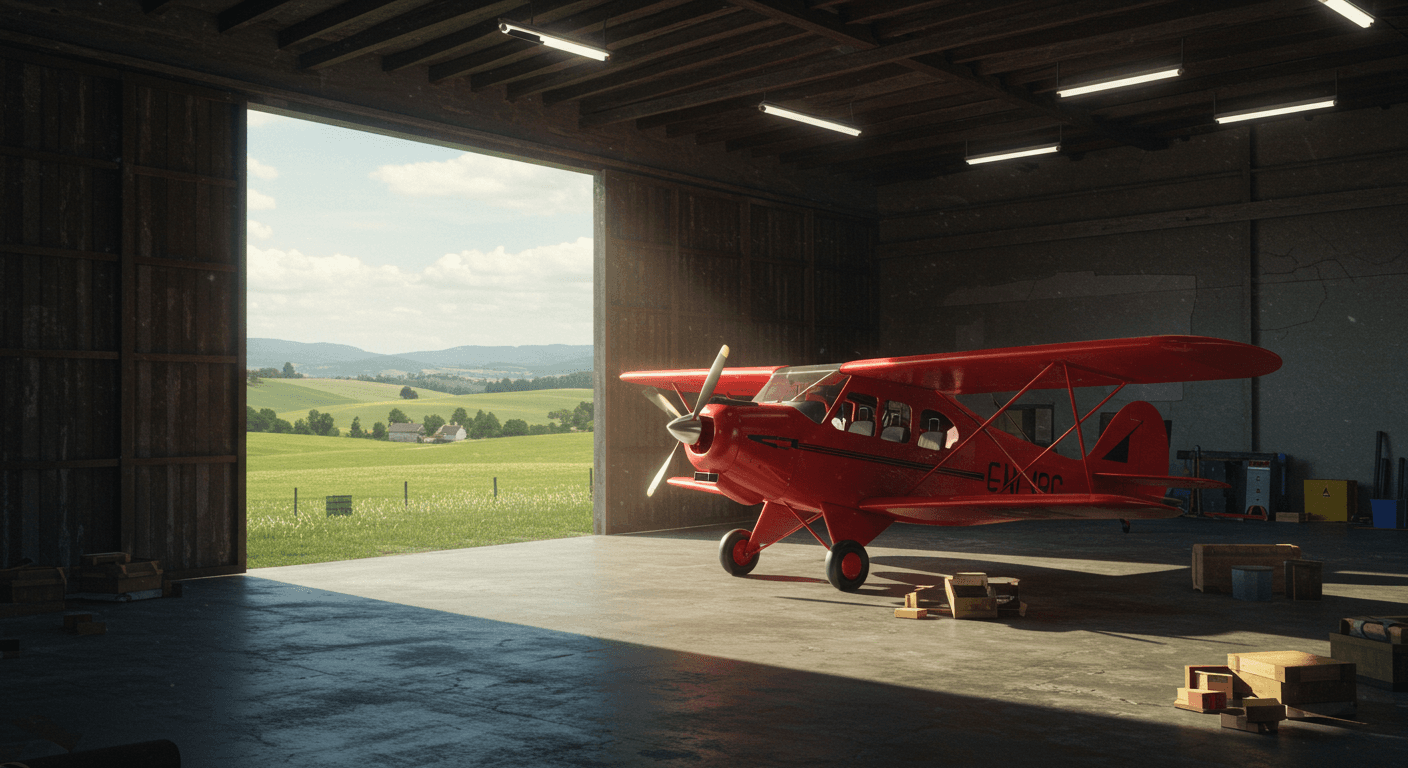 A red double-decker airplane standing in a hangar, with a hilly countryside landscape visible through the Hangar door