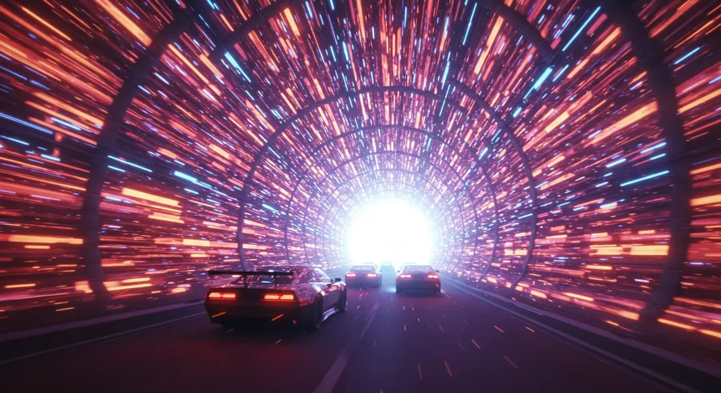 Racing cars pacing through a tunnel of displays.
