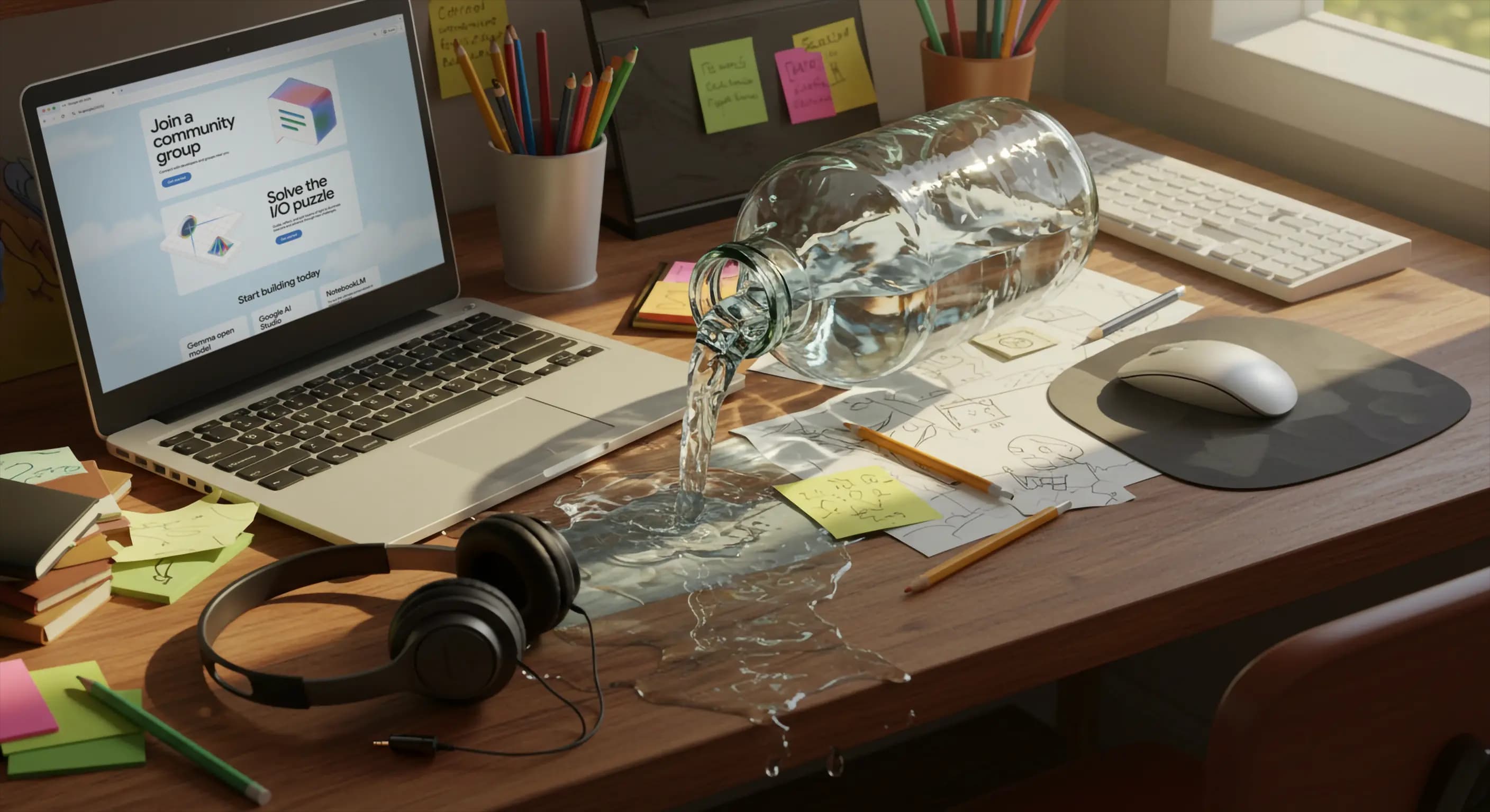 A tipped over water bottle spilling water on a desk with a laptop in the background.