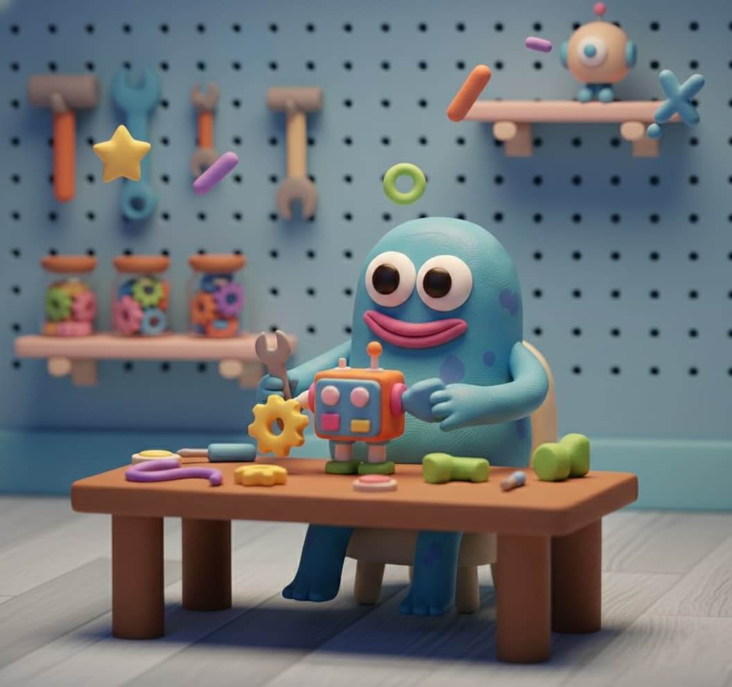 Monster guy fiddling in their workshop making a robot