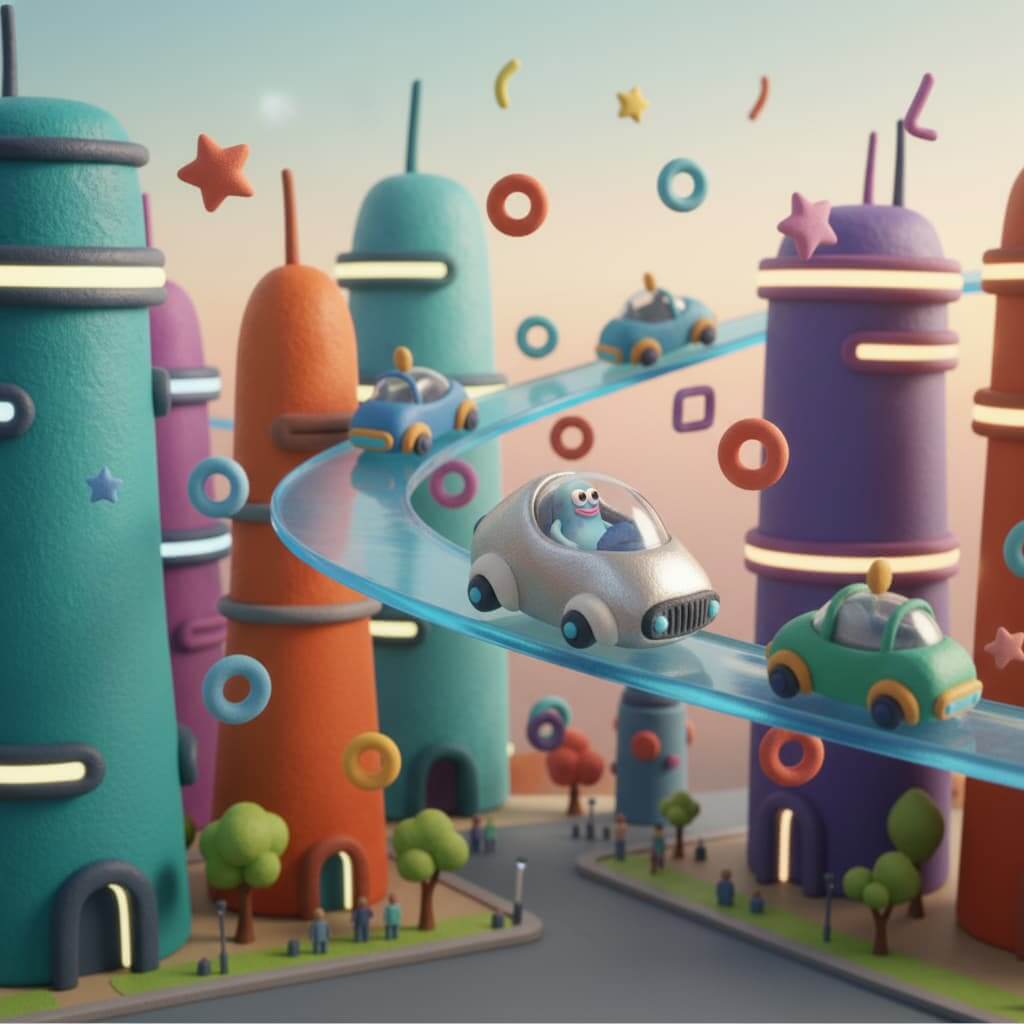 Clay cars racing on the speedway through high-rise buildings.