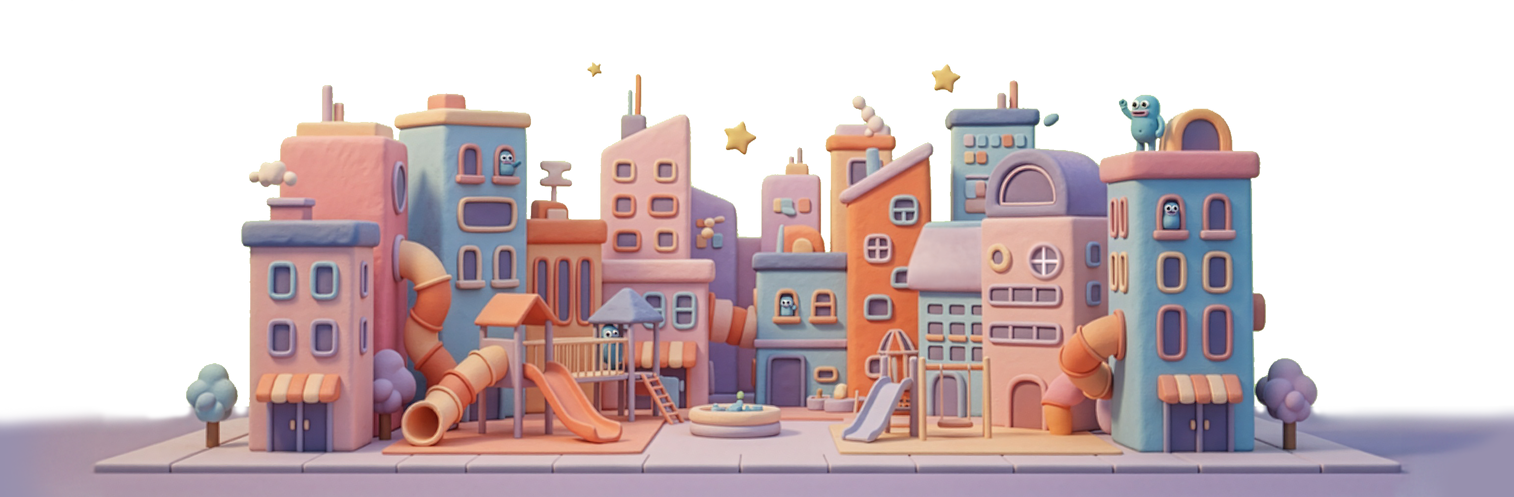 clay-style cityscape with tall buildings and roads in the air.