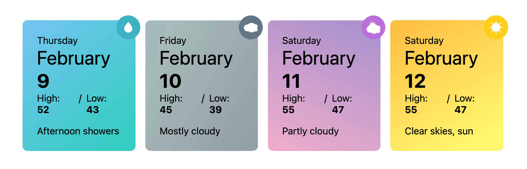 Weather cards with different background colors and icons based on the weather and chance of rain.