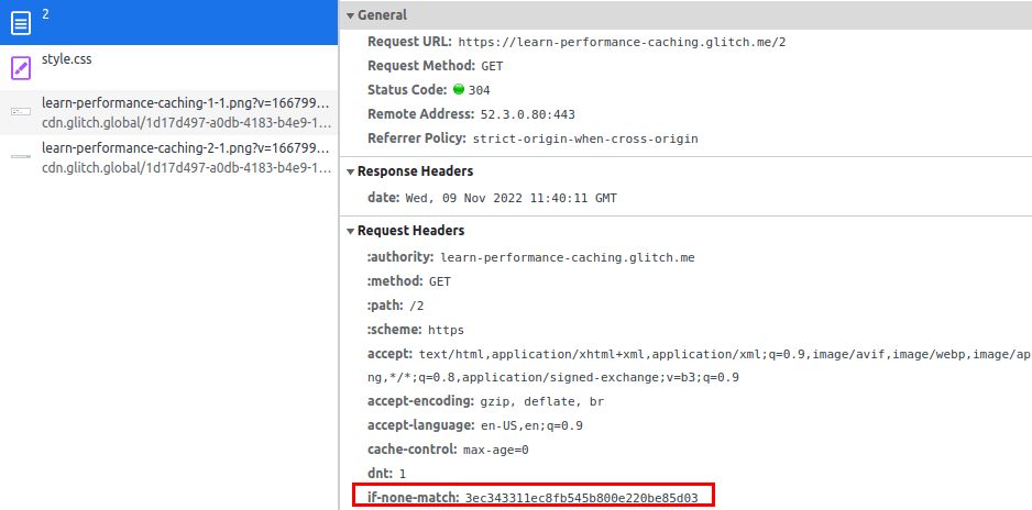 Screenshot of Chrome DevTools showing request headers, including 'if-none-match: 3ec343...'.