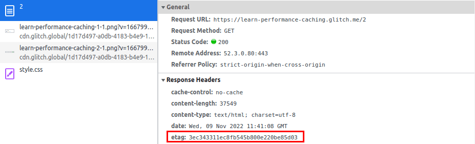 Screenshot of Chrome DevTools showing response headers, including 'etag: 3ec343...'.