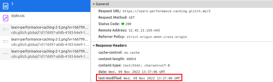 Screenshot of Chrome DevTools showing response headers, including 'last-modified: Wed, 09 Nov 2022 13:37:00 GMT'.