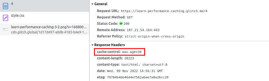 Screenshot of Chrome DevTools showing response headers, including 'cache-control: max-age=30'.