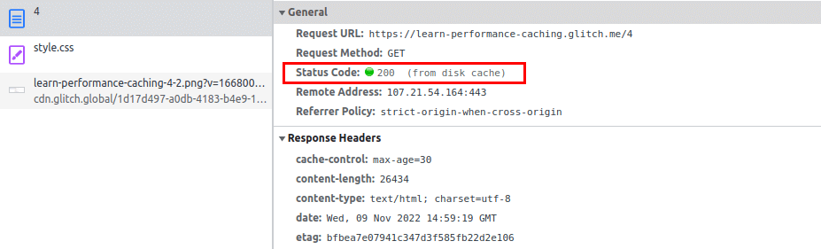 Screenshot of Chrome DevTools showing 200 (from disk cache) status code.