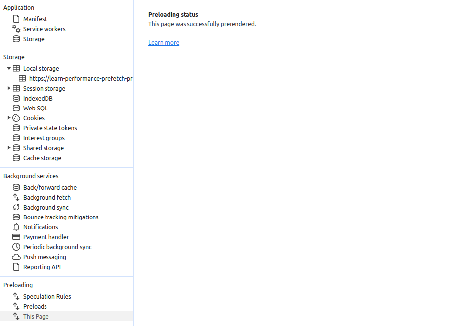 Chrome DevTools Application panel showing the Preloading status for this page.