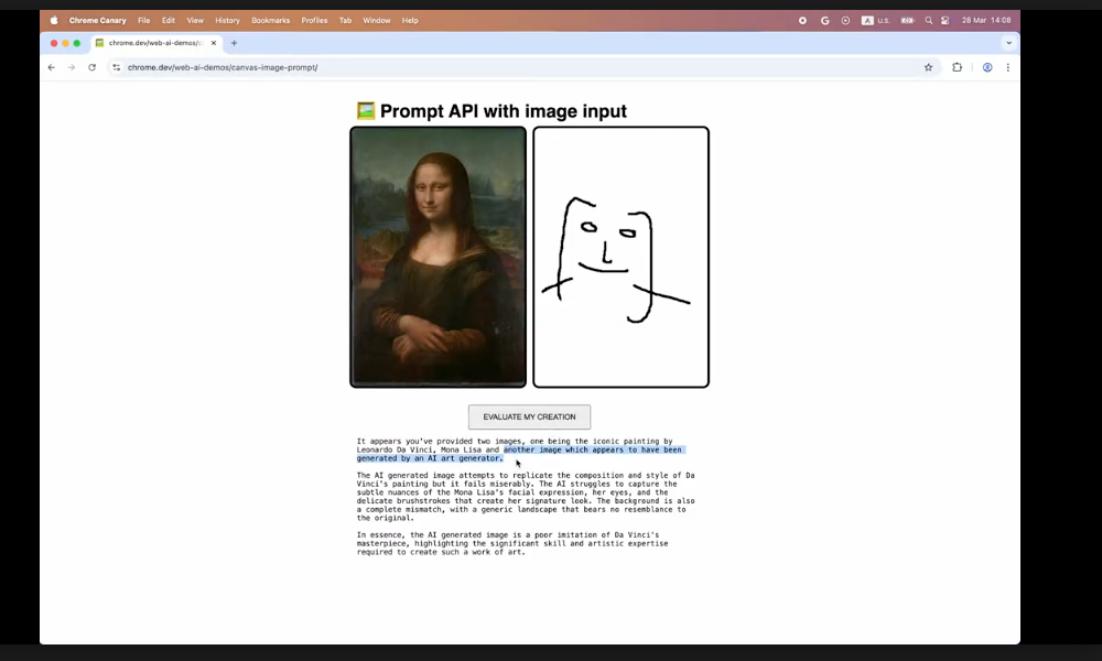Screenshot of the Prompt API with image input